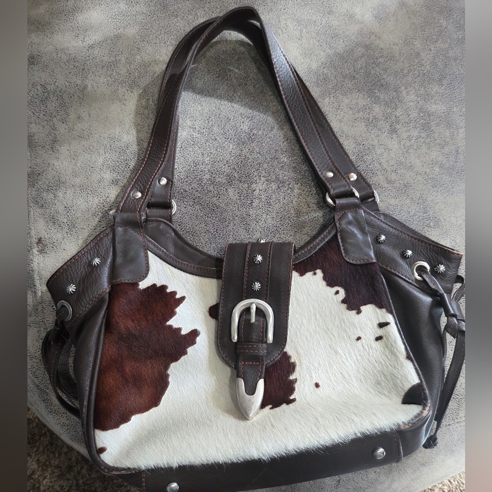 American West Brand Hair On Hide Brown And White Leather Zip Shoulder Purse Bag